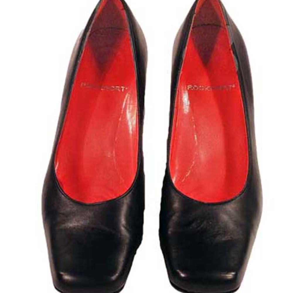 PUMPS, CALF LEATHER, Sz 7B, BLACK WITH RED INTERIOR, ROCKPORT, HEEL 2 ¾ inches,